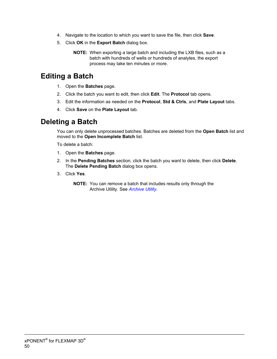 Editing a batch, Deleting a batch, Editing a batch deleting a batch | Luminex xPONENT 4.2 for FLEXMAP User Manual | Page 64 / 148