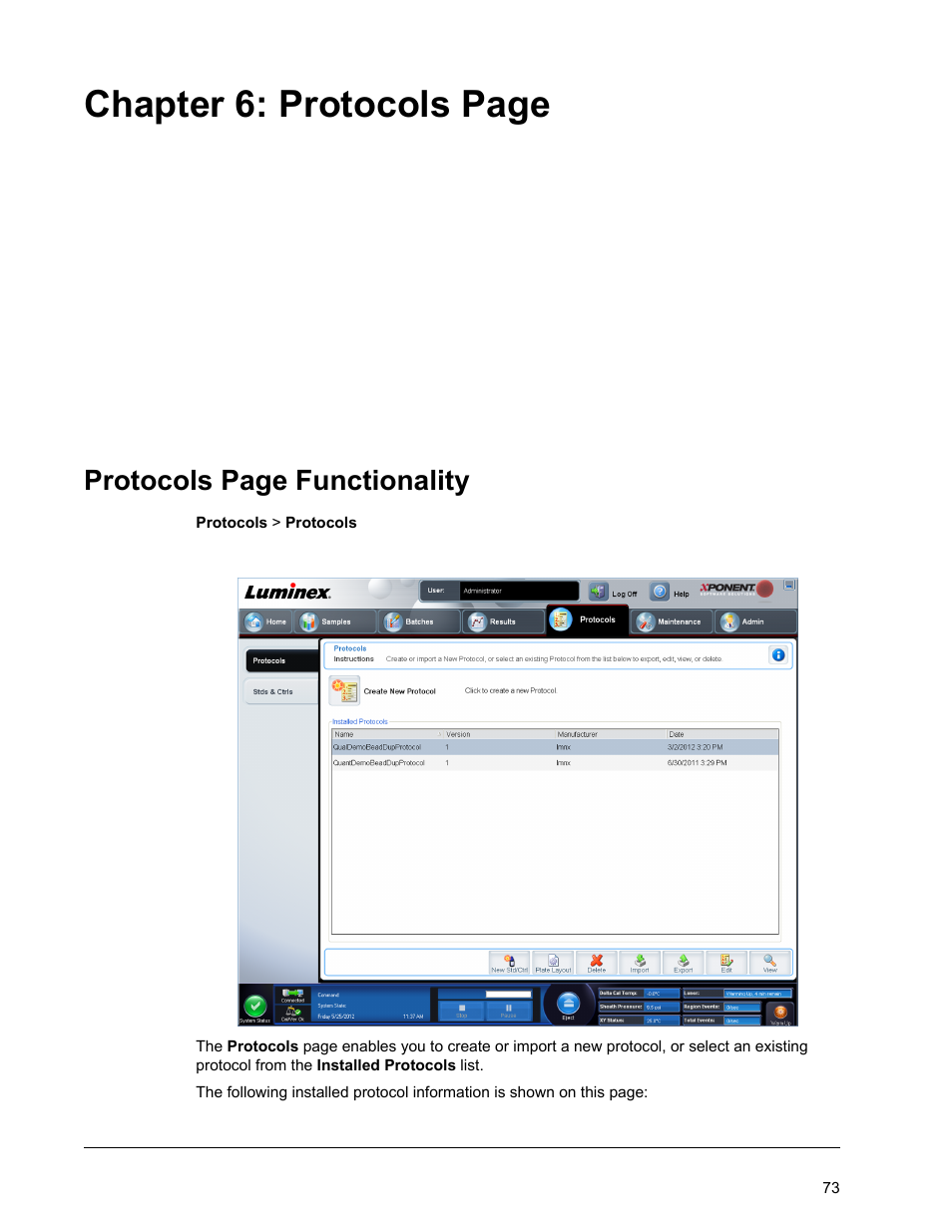 Chapter 6: protocols page, Protocols page functionality | Luminex xPONENT 4.2 for FLEXMAP User Manual | Page 87 / 148