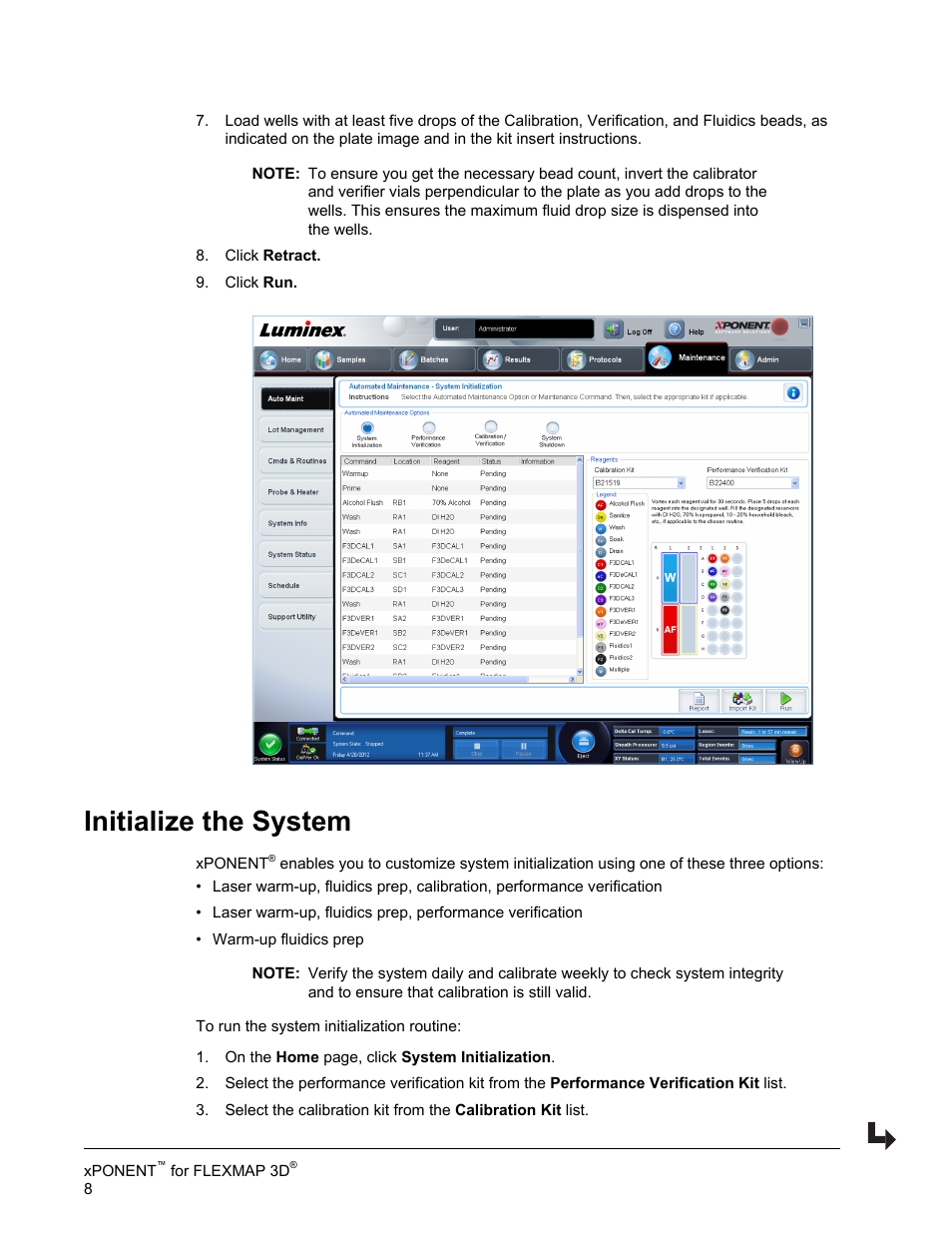 Initialize the system | Luminex xPONENT 4.2 for FLEXMAP 3D User Manual | Page 12 / 20