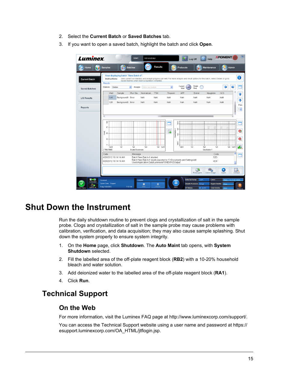 Shut down the instrument, Technical support, On the web | Luminex xPONENT 4.2 for FLEXMAP 3D User Manual | Page 19 / 20