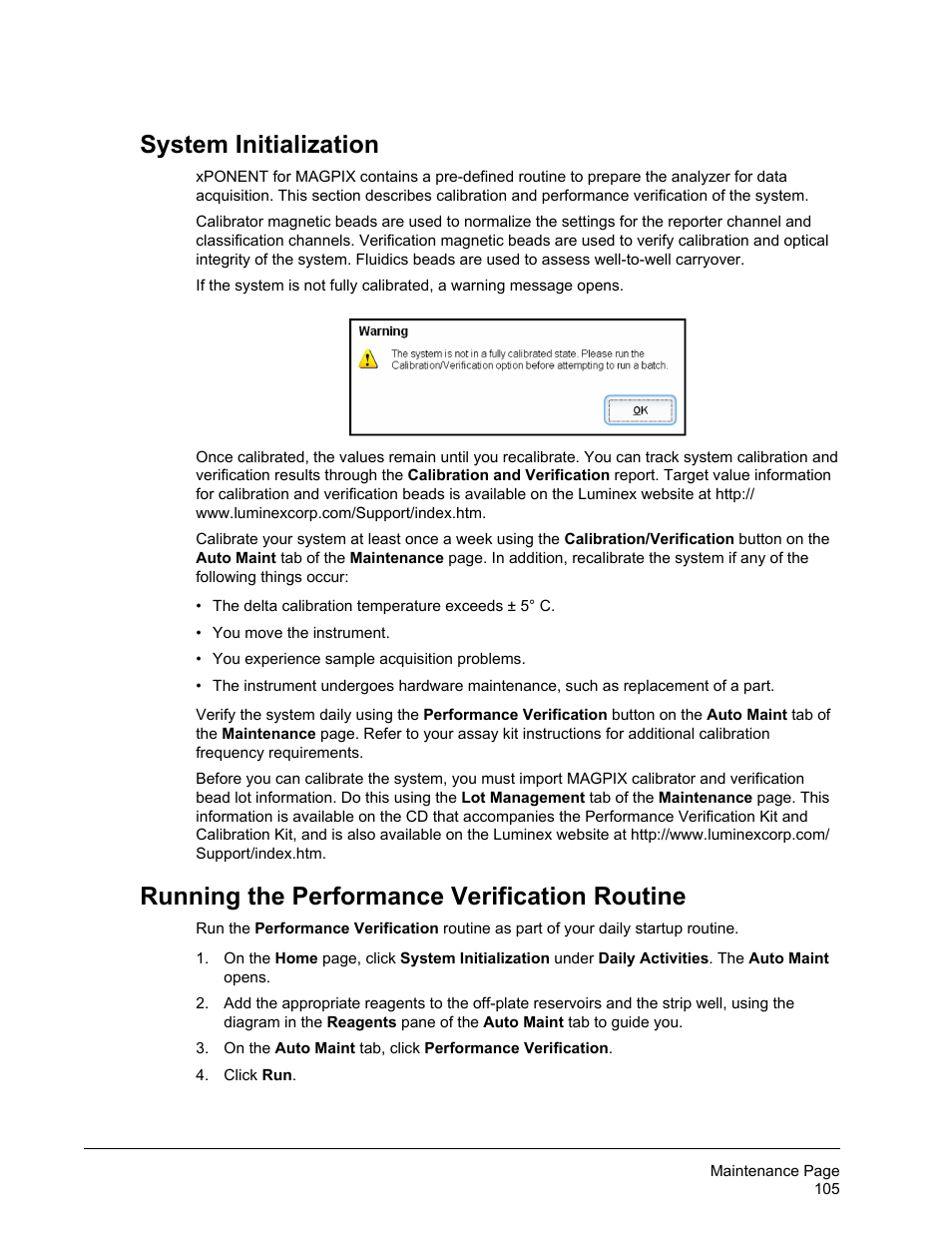 System initialization, Running the performance verification routine | Luminex xPONENT for MAGPIX 4.2 User Manual | Page 118 / 164