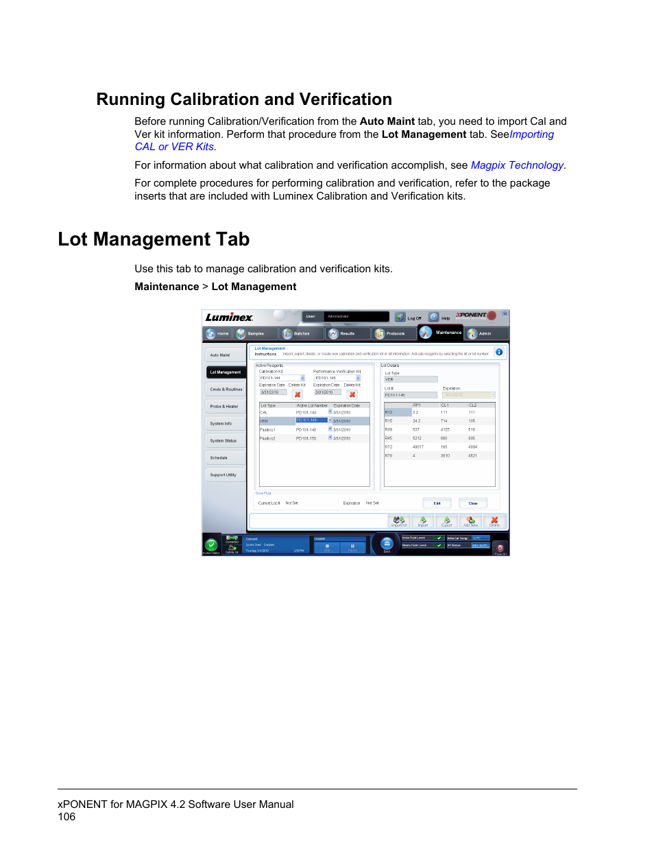 Running calibration and verification, Lot management tab | Luminex xPONENT for MAGPIX 4.2 User Manual | Page 119 / 164