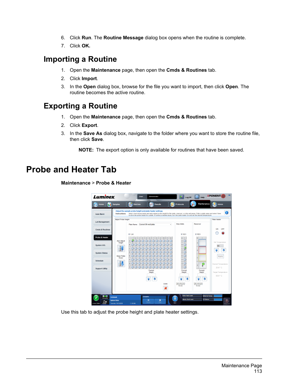 Importing a routine, Exporting a routine, Probe and heater tab | Importing a routine exporting a routine | Luminex xPONENT for MAGPIX 4.2 User Manual | Page 126 / 164