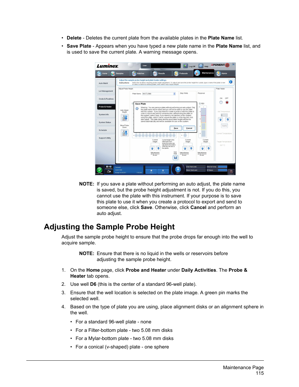 Adjusting the sample probe height | Luminex xPONENT for MAGPIX 4.2 User Manual | Page 128 / 164