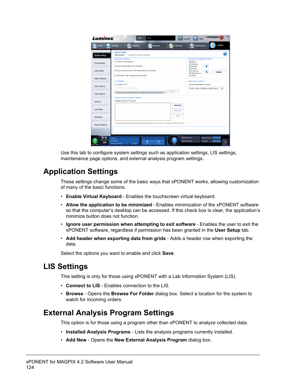 Application settings, Lis settings, External analysis program settings | Luminex xPONENT for MAGPIX 4.2 User Manual | Page 137 / 164