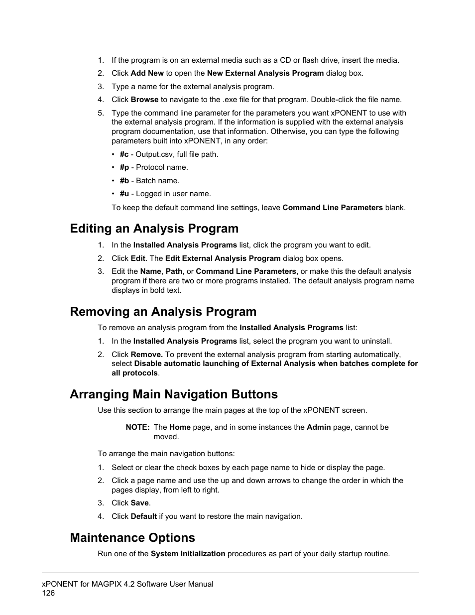 Editing an analysis program, Removing an analysis program, Arranging main navigation buttons | Maintenance options | Luminex xPONENT for MAGPIX 4.2 User Manual | Page 139 / 164