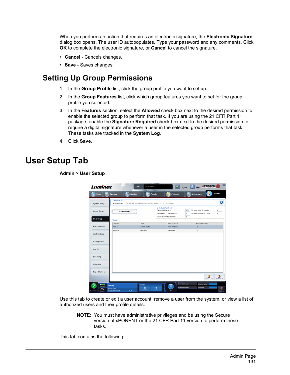 Setting up group permissions, User setup tab | Luminex xPONENT for MAGPIX 4.2 User Manual | Page 144 / 164