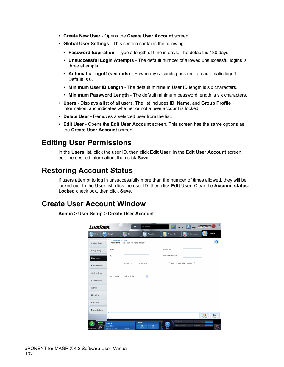 Create user account window, Editing user permissions, Restoring account status | Luminex xPONENT for MAGPIX 4.2 User Manual | Page 145 / 164
