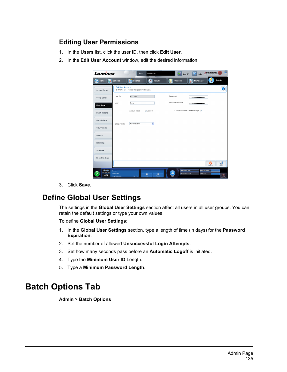Editing user permissions, Define global user settings, Batch options tab | Luminex xPONENT for MAGPIX 4.2 User Manual | Page 148 / 164