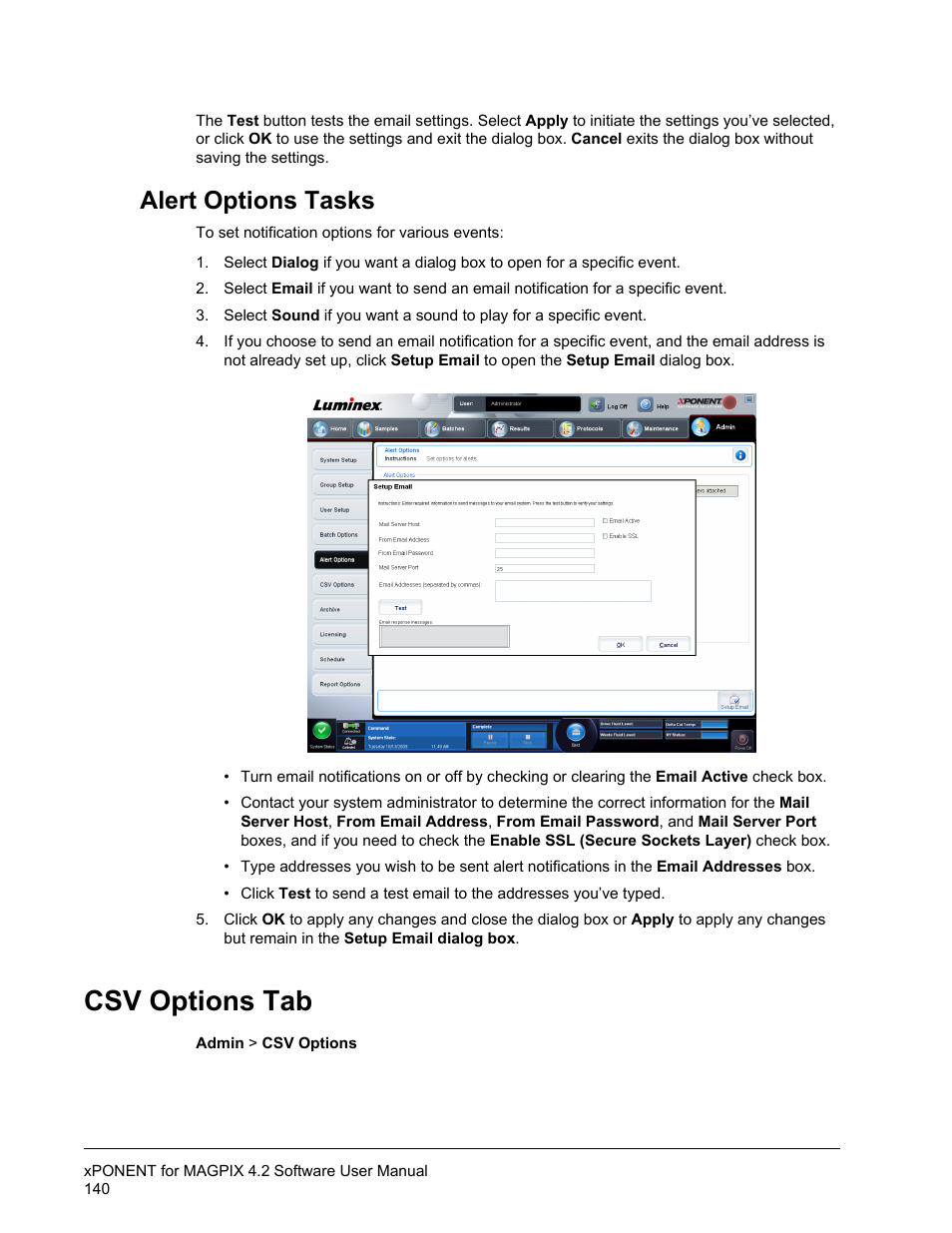 Alert options tasks, Csv options tab | Luminex xPONENT for MAGPIX 4.2 User Manual | Page 153 / 164
