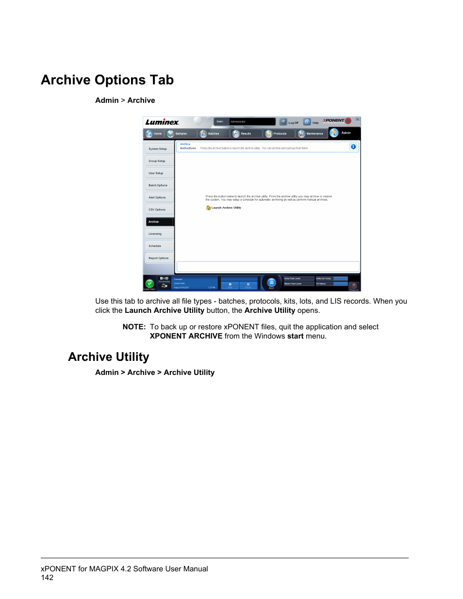 Archive options tab, Archive utility | Luminex xPONENT for MAGPIX 4.2 User Manual | Page 155 / 164