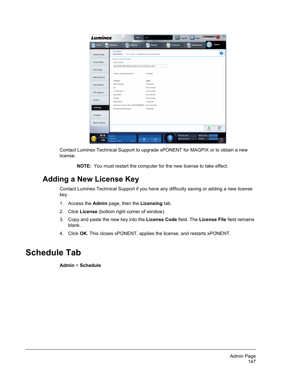 Adding a new license key, Schedule tab | Luminex xPONENT for MAGPIX 4.2 User Manual | Page 160 / 164