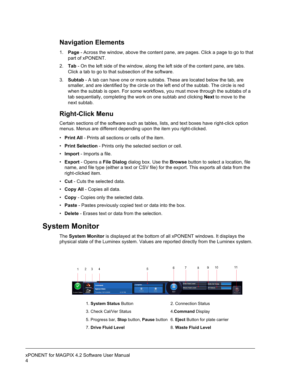 System monitor, Navigation elements, Right-click menu | Luminex xPONENT for MAGPIX 4.2 User Manual | Page 17 / 164