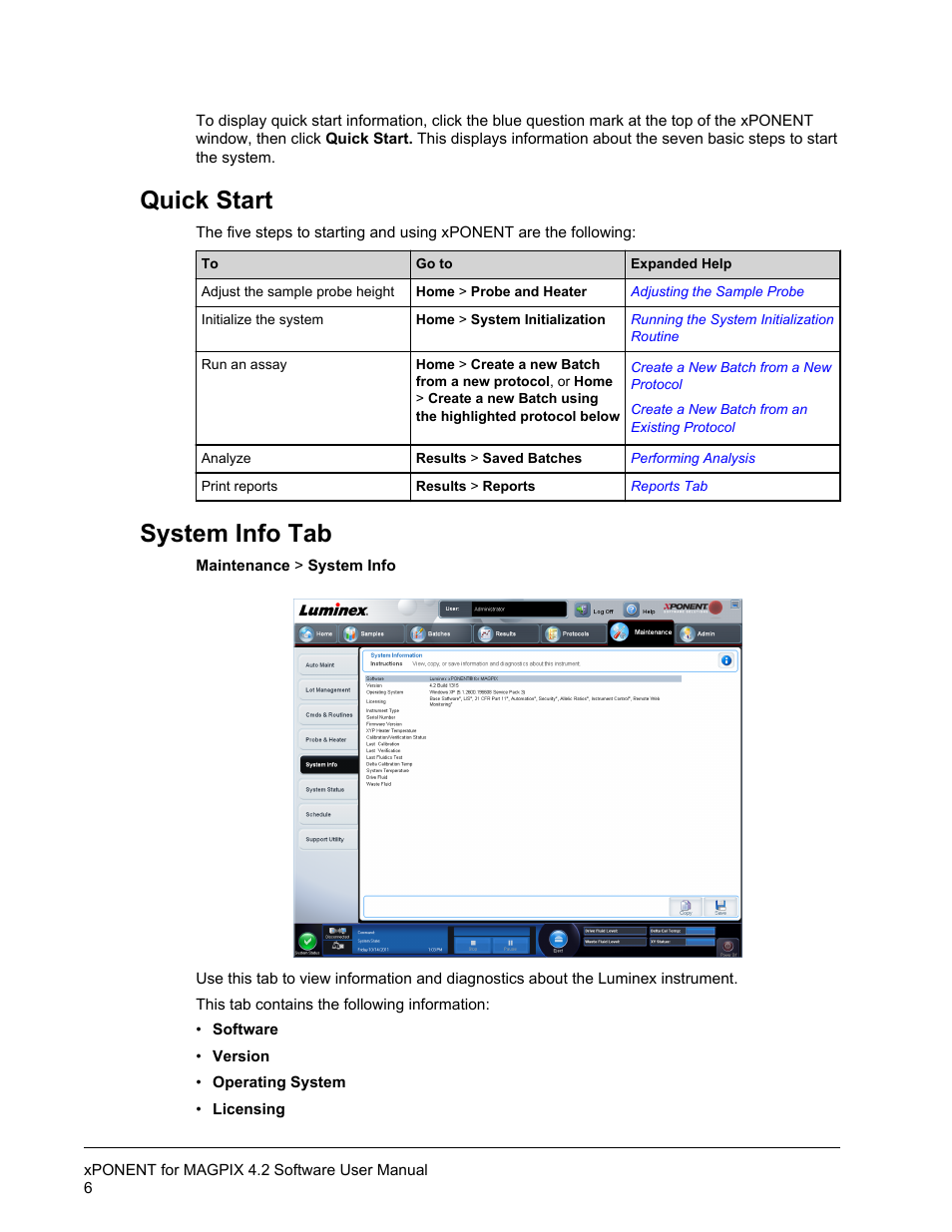 Quick start, System info tab, Quick start system info tab | Luminex xPONENT for MAGPIX 4.2 User Manual | Page 19 / 164