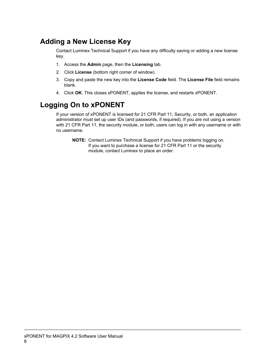 Adding a new license key, Logging on to xponent, Adding a new license key logging on to xponent | Luminex xPONENT for MAGPIX 4.2 User Manual | Page 21 / 164