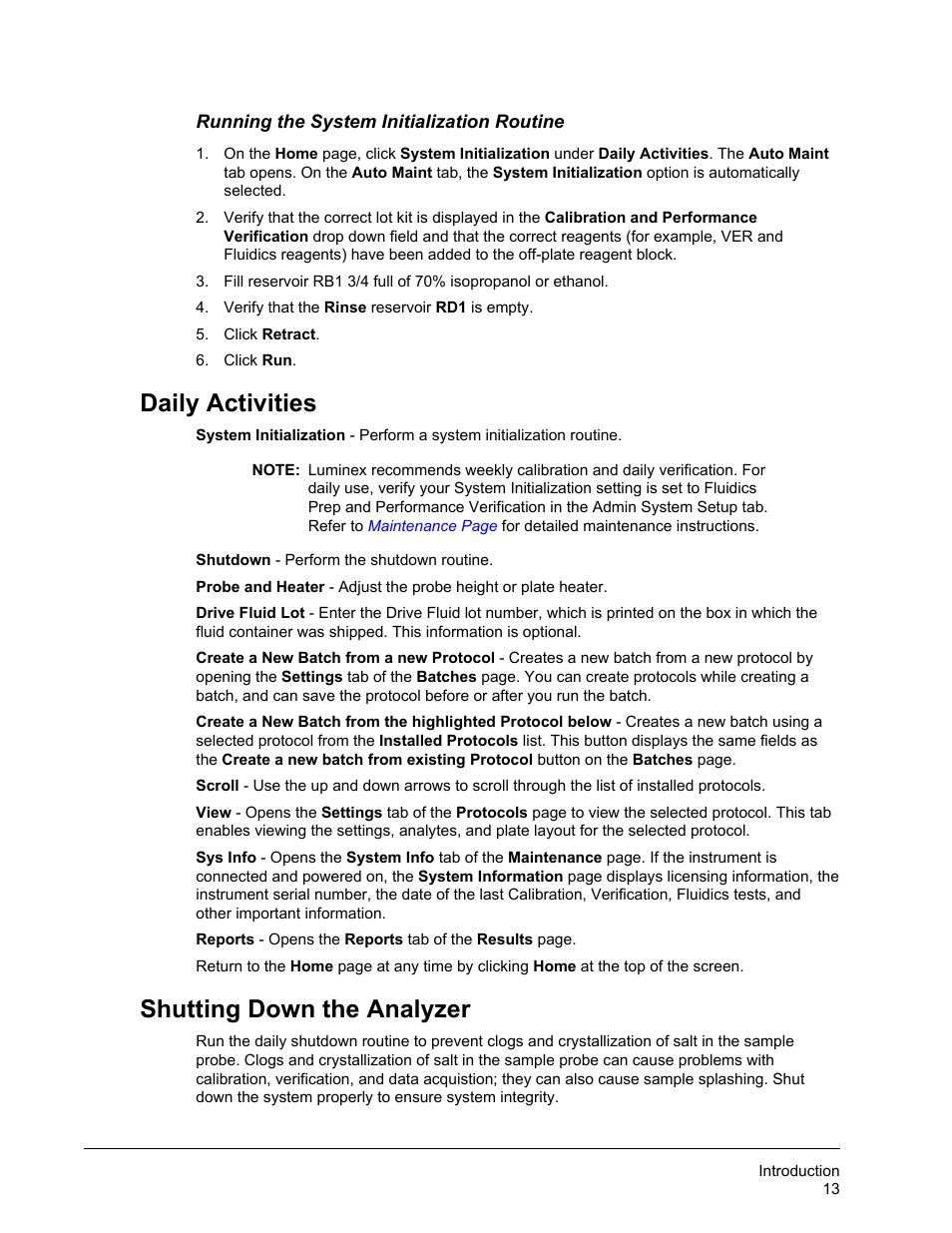 Running the system initialization routine, Daily activities, Shutting down the analyzer | Daily activities shutting down the analyzer | Luminex xPONENT for MAGPIX 4.2 User Manual | Page 26 / 164