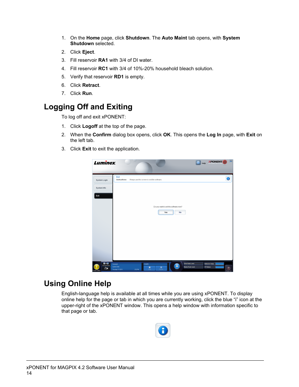 Logging off and exiting, Using online help, Logging off and exiting using online help | Luminex xPONENT for MAGPIX 4.2 User Manual | Page 27 / 164