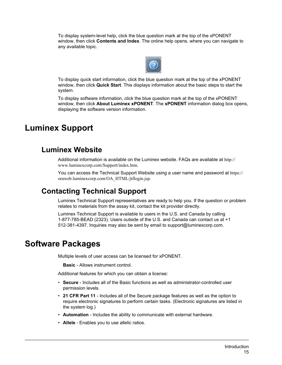 Luminex support, Luminex website, Contacting technical support | Software packages, Luminex website contacting technical support | Luminex xPONENT for MAGPIX 4.2 User Manual | Page 28 / 164