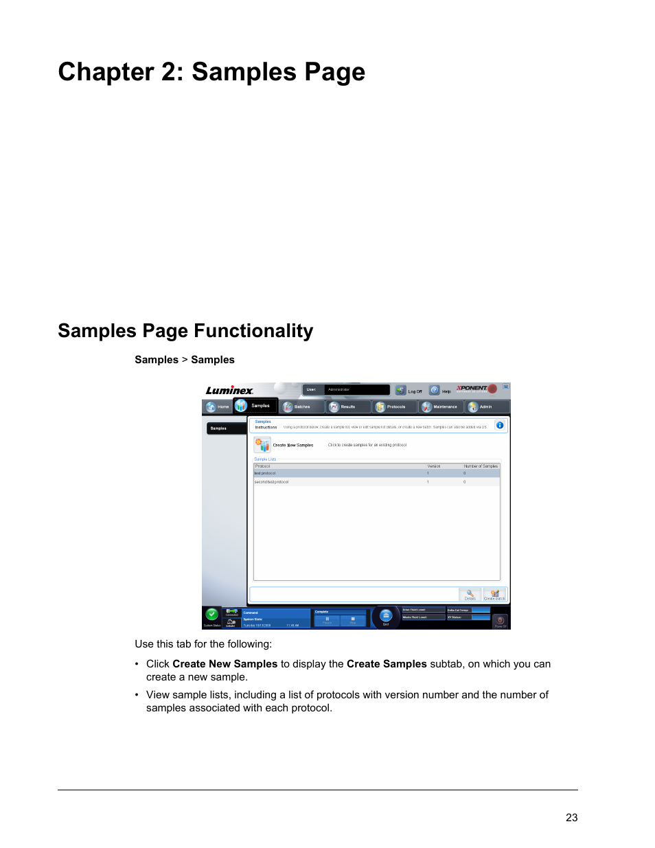 Chapter 2: samples page, Samples page functionality | Luminex xPONENT for MAGPIX 4.2 User Manual | Page 36 / 164