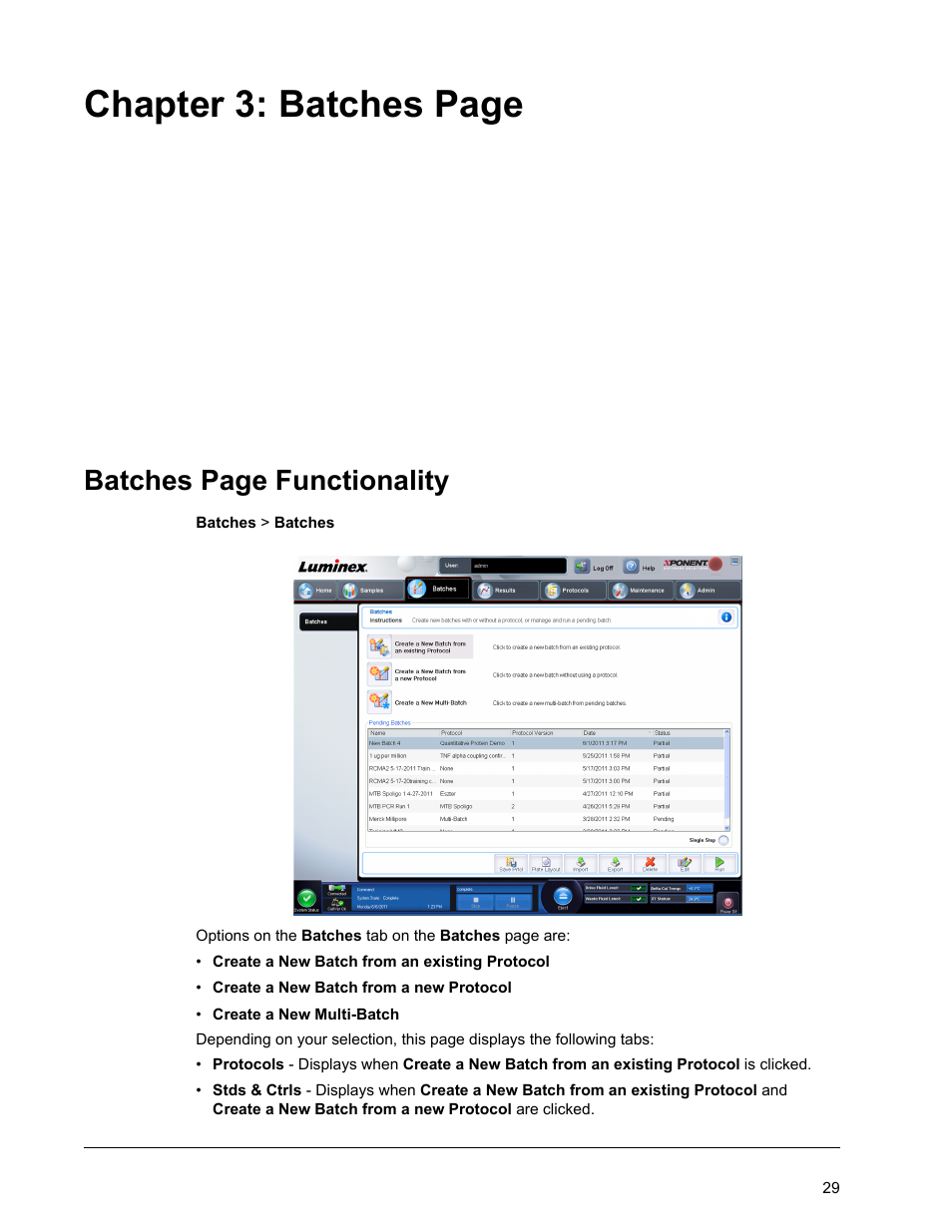 Chapter 3: batches page, Batches page functionality | Luminex xPONENT for MAGPIX 4.2 User Manual | Page 42 / 164