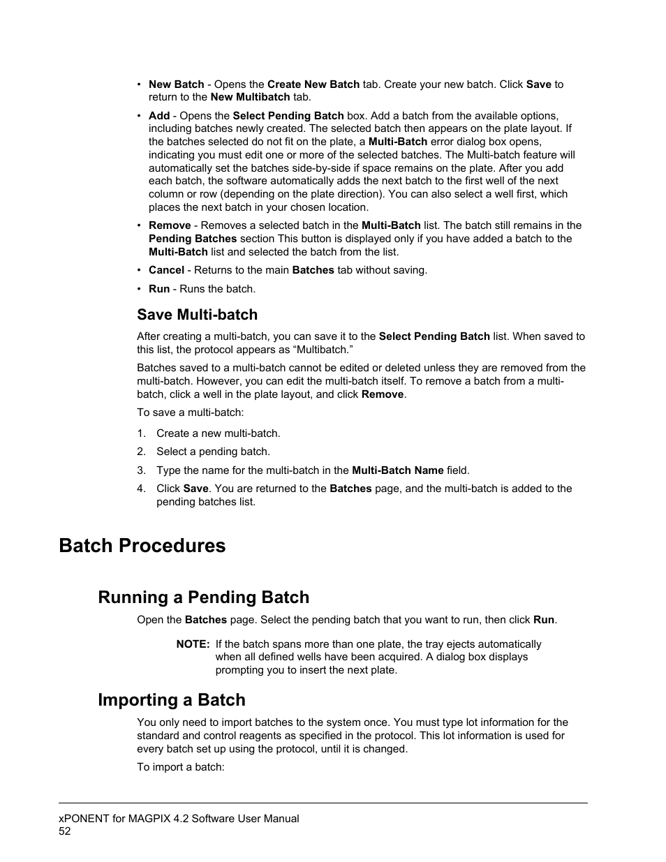 Save multi-batch, Batch procedures, Running a pending batch | Importing a batch, Running a pending batch importing a batch | Luminex xPONENT for MAGPIX 4.2 User Manual | Page 65 / 164