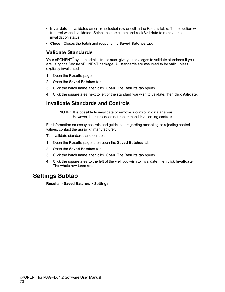 Validate standards, Invalidate standards and controls, Settings subtab | Luminex xPONENT for MAGPIX 4.2 User Manual | Page 83 / 164