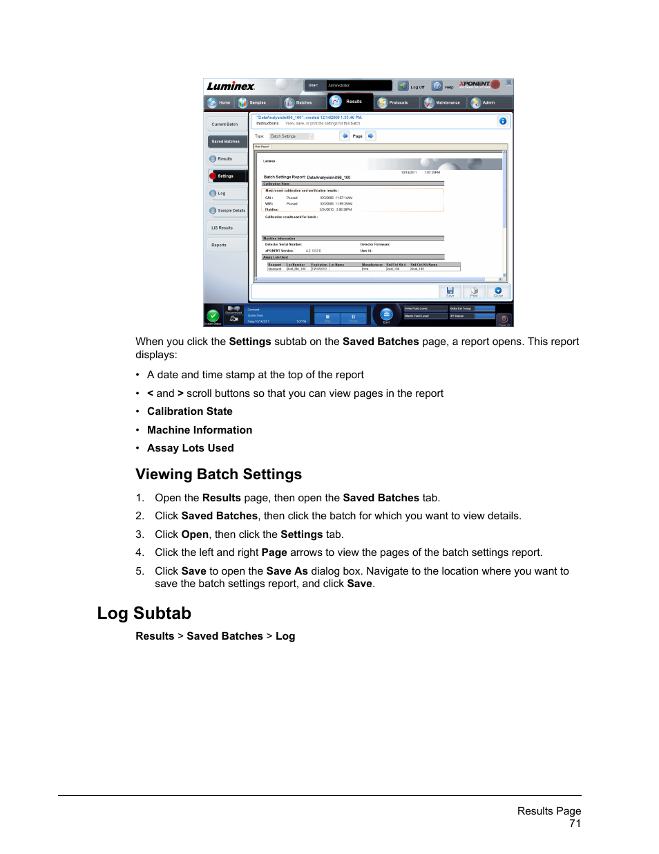 Viewing batch settings, Log subtab | Luminex xPONENT for MAGPIX 4.2 User Manual | Page 84 / 164