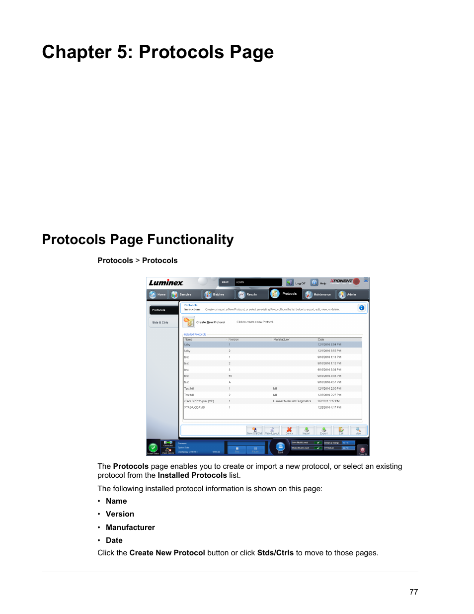 Chapter 5: protocols page, Protocols page functionality | Luminex xPONENT for MAGPIX 4.2 User Manual | Page 90 / 164