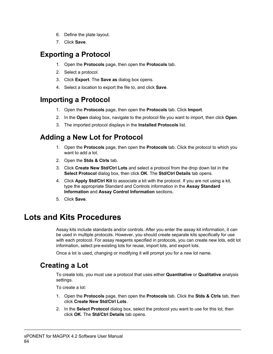 Exporting a protocol, Importing a protocol, Adding a new lot for protocol | Lots and kits procedures, Creating a lot | Luminex xPONENT for MAGPIX 4.2 User Manual | Page 97 / 164