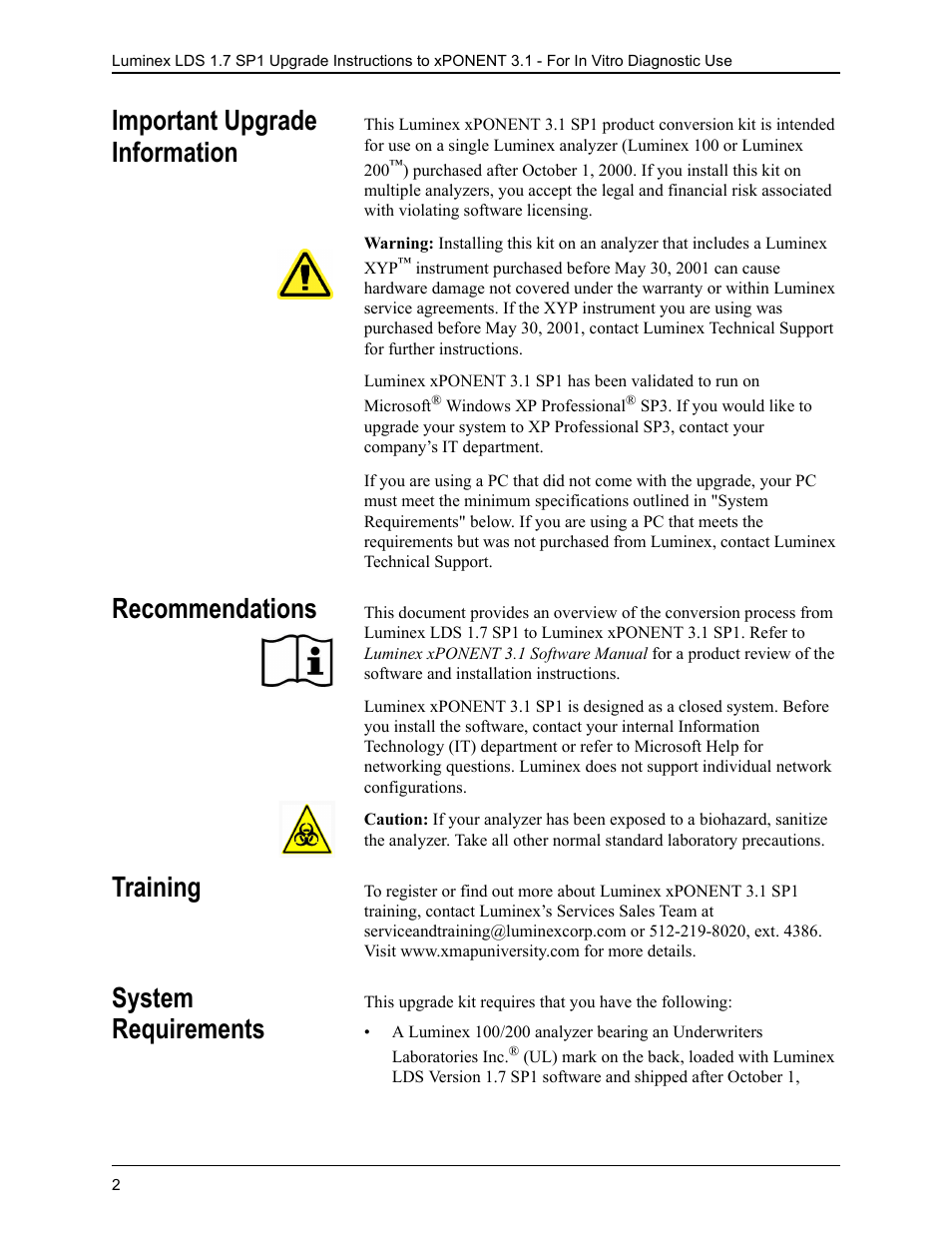 Important upgrade information, Recommendations, Training | System requirements | Luminex LDS 1.7 SP1 to xPONENT 3.1 Rev 2 Upgrade Instructions User Manual | Page 6 / 16