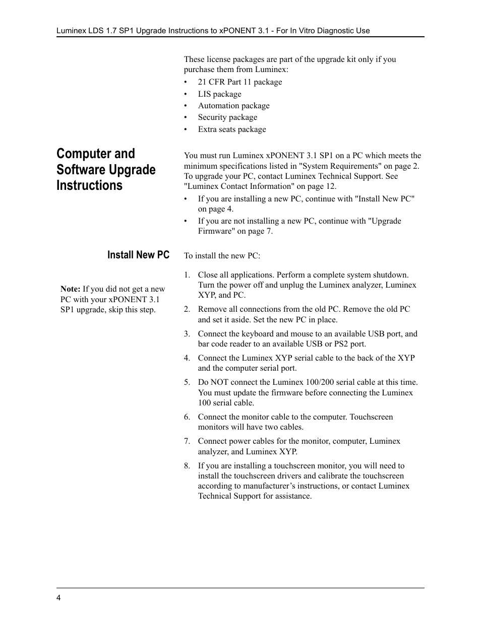 Computer and software upgrade instructions, Install new pc | Luminex LDS 1.7 SP1 to xPONENT 3.1 Rev 2 Upgrade Instructions User Manual | Page 8 / 16