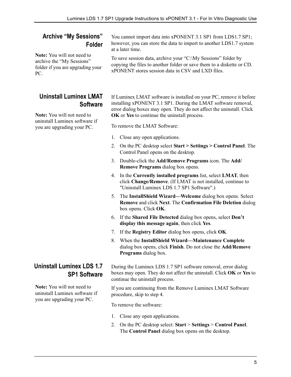 Archive “my sessions” folder, Uninstall luminex lmat software, Uninstall luminex lds 1.7 sp1 software | Luminex LDS 1.7 SP1 to xPONENT 3.1 Rev 2 Upgrade Instructions User Manual | Page 9 / 16