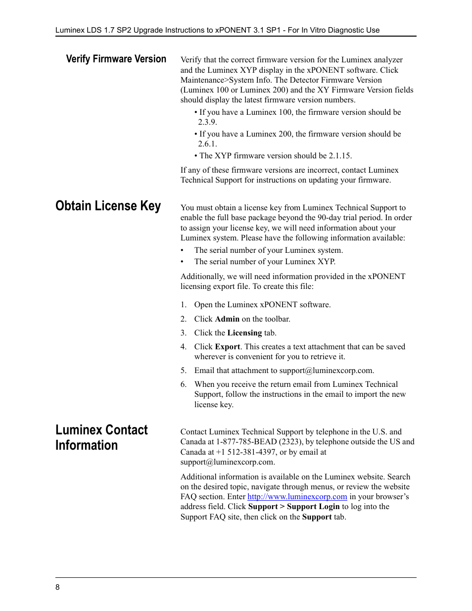 Verify firmware version, Obtain license key, Open the luminex xponent software | Click admin on the toolbar, Click the licensing tab, Email that attachment to support@luminexcorp.com, Luminex contact information, Obtain license key luminex contact information | Luminex LDS 1.7 SP2 to xPONENT 3.1 Rev 2 Upgrade Instructions User Manual | Page 12 / 12