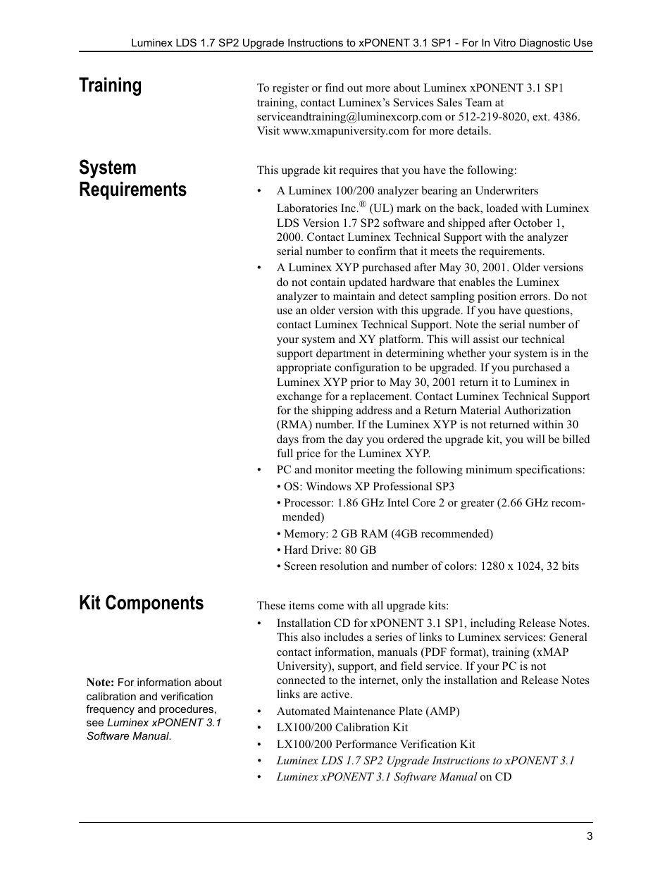 Training, System requirements, Kit components | Training system requirements kit components | Luminex LDS 1.7 SP2 to xPONENT 3.1 Rev 2 Upgrade Instructions User Manual | Page 7 / 12