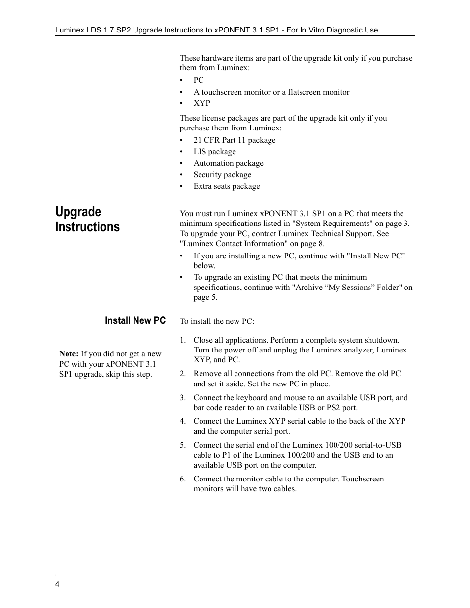 Upgrade instructions, Install new pc | Luminex LDS 1.7 SP2 to xPONENT 3.1 Rev 2 Upgrade Instructions User Manual | Page 8 / 12