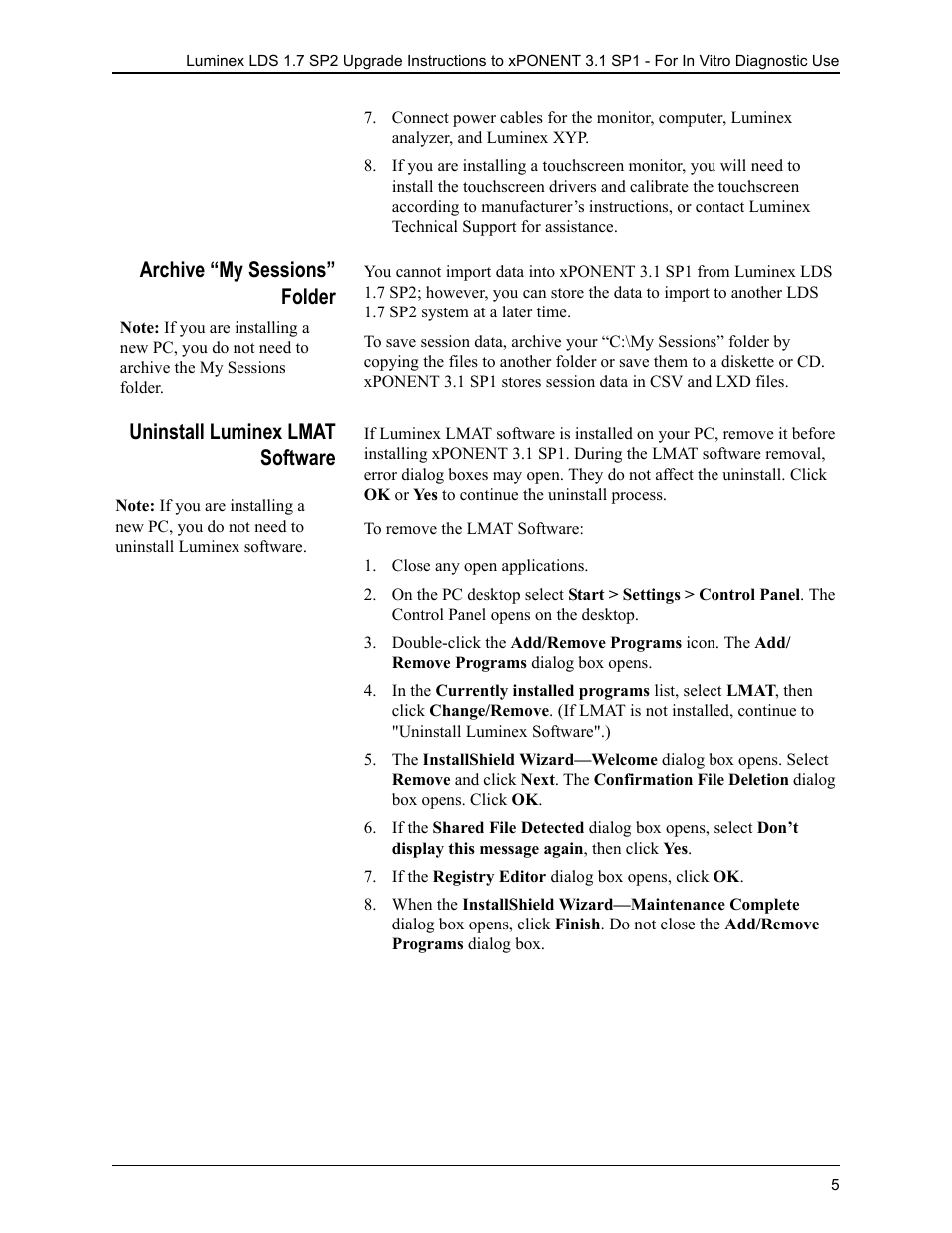 Archive “my sessions” folder, Uninstall luminex lmat software | Luminex LDS 1.7 SP2 to xPONENT 3.1 Rev 2 Upgrade Instructions User Manual | Page 9 / 12