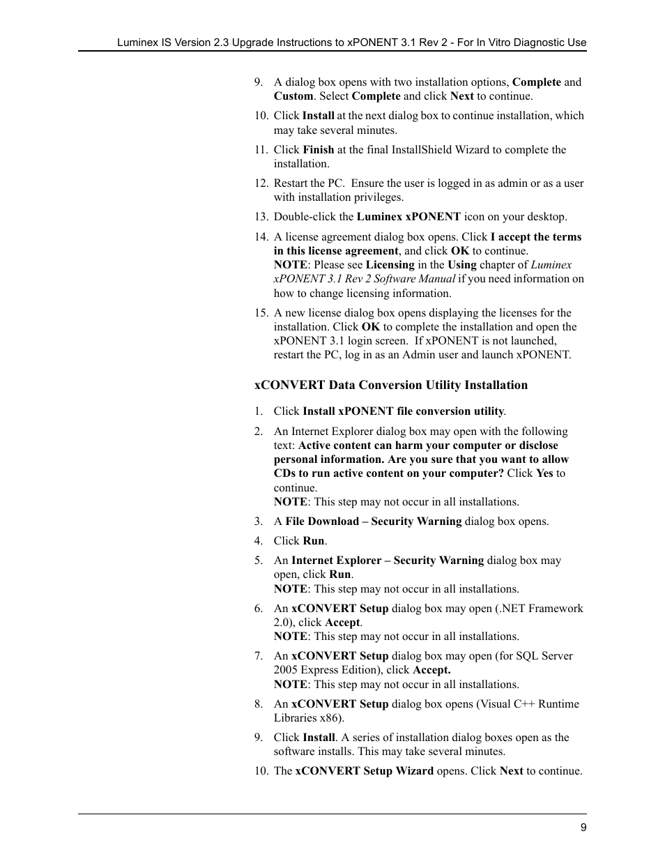 Click install xponent file conversion utility, Click run | Luminex IS 2.3 to xPONENT 3.1 Rev 2 Upgrade Instructions User Manual | Page 13 / 16