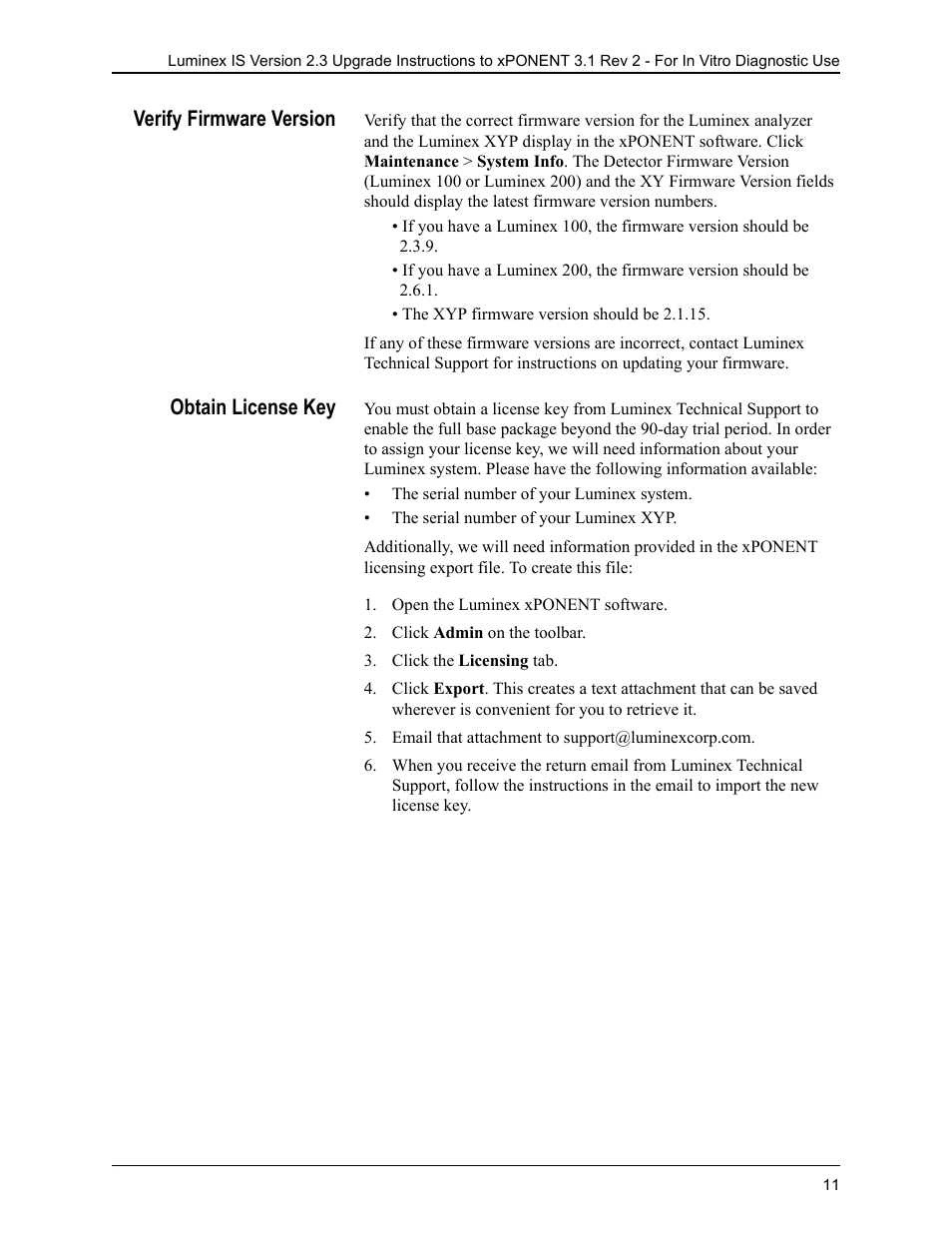 Verify firmware version, Obtain license key, Open the luminex xponent software | Click admin on the toolbar, Click the licensing tab, Email that attachment to support@luminexcorp.com, Verify firmware version obtain license key | Luminex IS 2.3 to xPONENT 3.1 Rev 2 Upgrade Instructions User Manual | Page 15 / 16