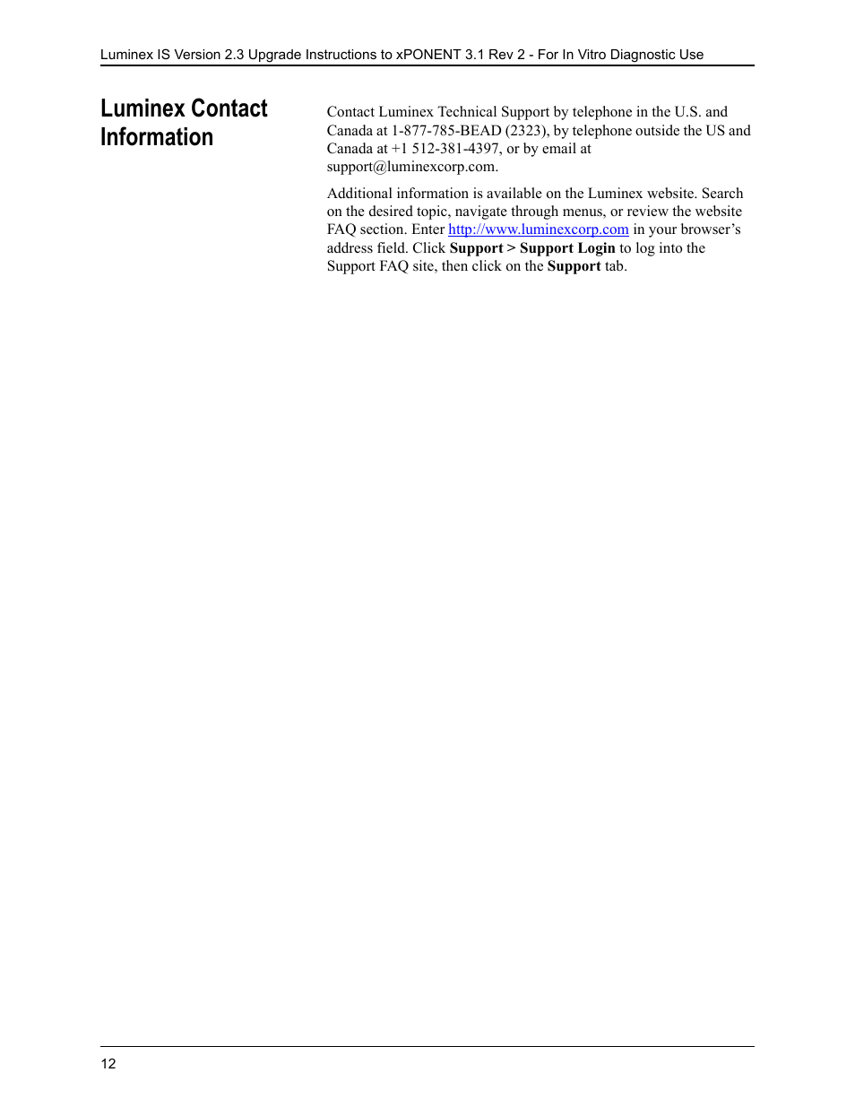 Luminex contact information | Luminex IS 2.3 to xPONENT 3.1 Rev 2 Upgrade Instructions User Manual | Page 16 / 16