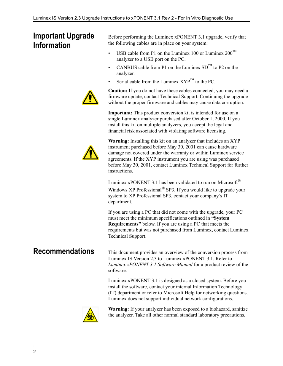 Important upgrade information, Recommendations, Important upgrade information recommendations | Luminex IS 2.3 to xPONENT 3.1 Rev 2 Upgrade Instructions User Manual | Page 6 / 16