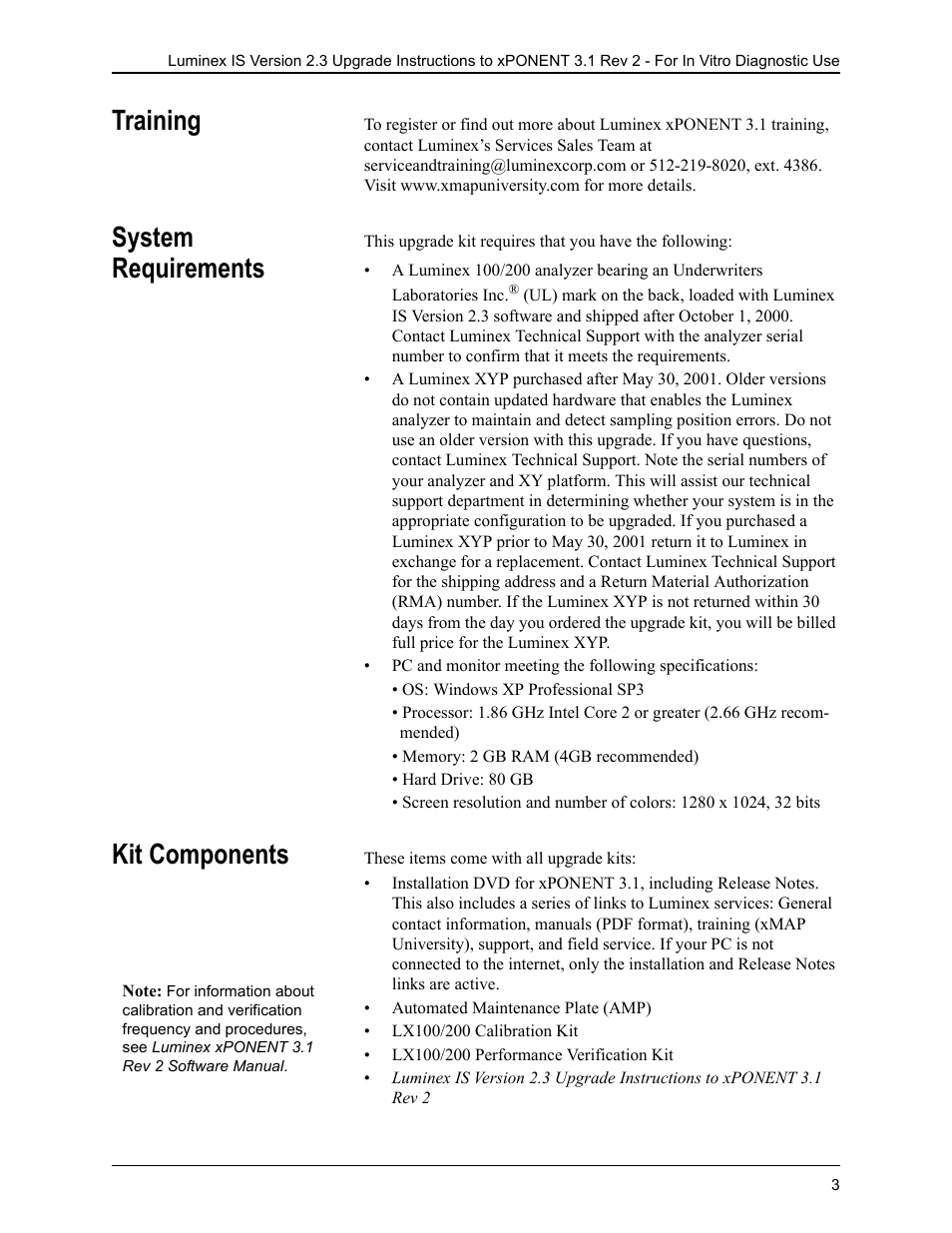 Training, System requirements, Kit components | Training system requirements kit components | Luminex IS 2.3 to xPONENT 3.1 Rev 2 Upgrade Instructions User Manual | Page 7 / 16