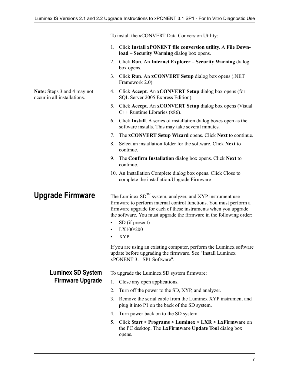 Upgrade firmware, Luminex sd system firmware upgrade, Close any open applications | Turn off the power to the sd, xyp, and analyzer, Turn power back on to the sd system | Luminex IS 2.1_2.2 to xPONENT 3.1 Rev 2 Upgrade Instructions User Manual | Page 11 / 16