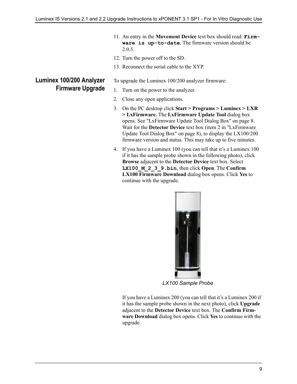 Turn the power off to the sd, Reconnect the serial cable to the xyp, Luminex 100/200 analyzer firmware upgrade | Turn on the power to the analyzer | Luminex IS 2.1_2.2 to xPONENT 3.1 Rev 2 Upgrade Instructions User Manual | Page 13 / 16