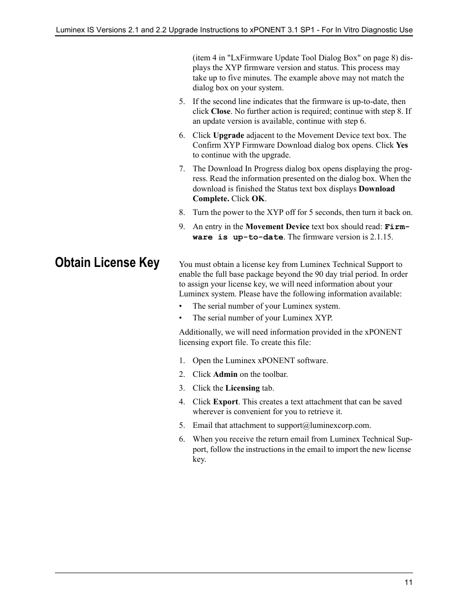 Obtain license key, Open the luminex xponent software, Click admin on the toolbar | Click the licensing tab, Email that attachment to support@luminexcorp.com | Luminex IS 2.1_2.2 to xPONENT 3.1 Rev 2 Upgrade Instructions User Manual | Page 15 / 16