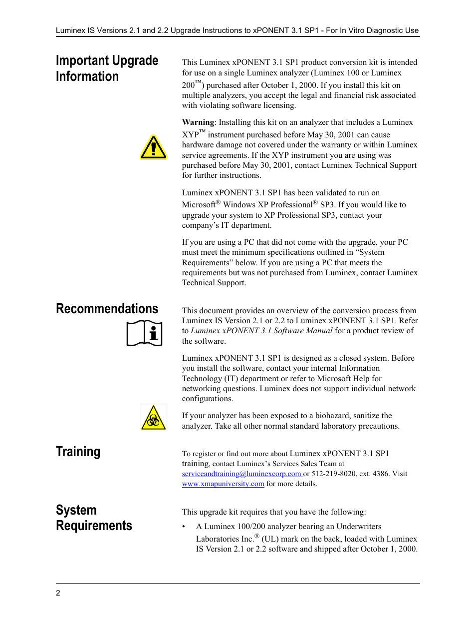 Important upgrade information, Recommendations, Training | System requirements | Luminex IS 2.1_2.2 to xPONENT 3.1 Rev 2 Upgrade Instructions User Manual | Page 6 / 16