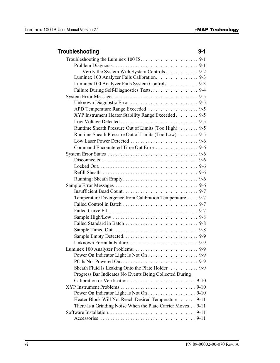 Troubleshooting 9-1 | Luminex 100 IS User Manual, Version 2.1 User Manual | Page 10 / 188