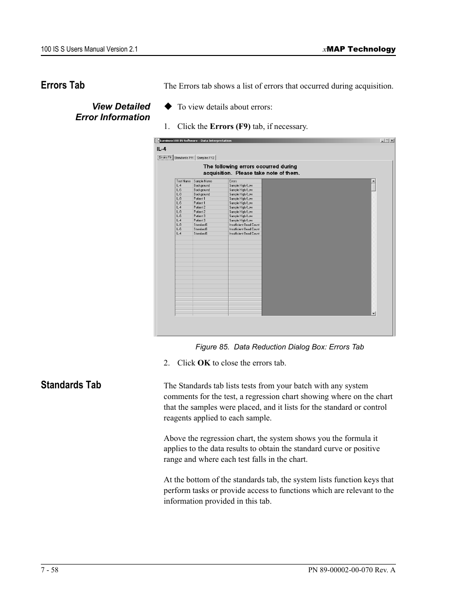 Errors tab, Standards tab | Luminex 100 IS User Manual, Version 2.1 User Manual | Page 122 / 188