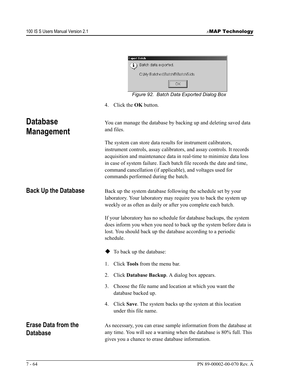 Database management | Luminex 100 IS User Manual, Version 2.1 User Manual | Page 128 / 188