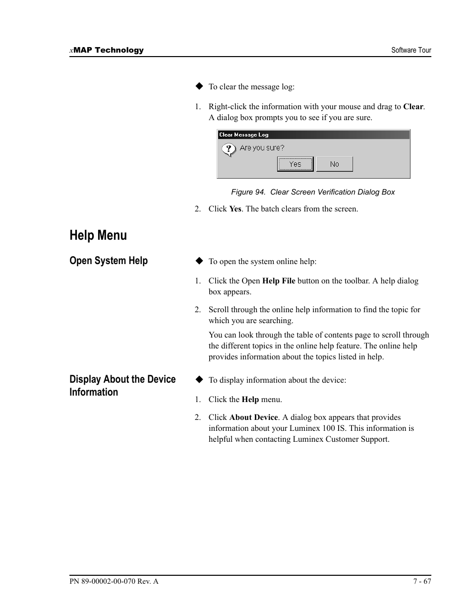 Help menu, Open system help, Display about the device information | Luminex 100 IS User Manual, Version 2.1 User Manual | Page 131 / 188