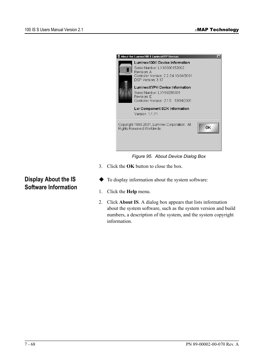 Display about the is software information | Luminex 100 IS User Manual, Version 2.1 User Manual | Page 132 / 188